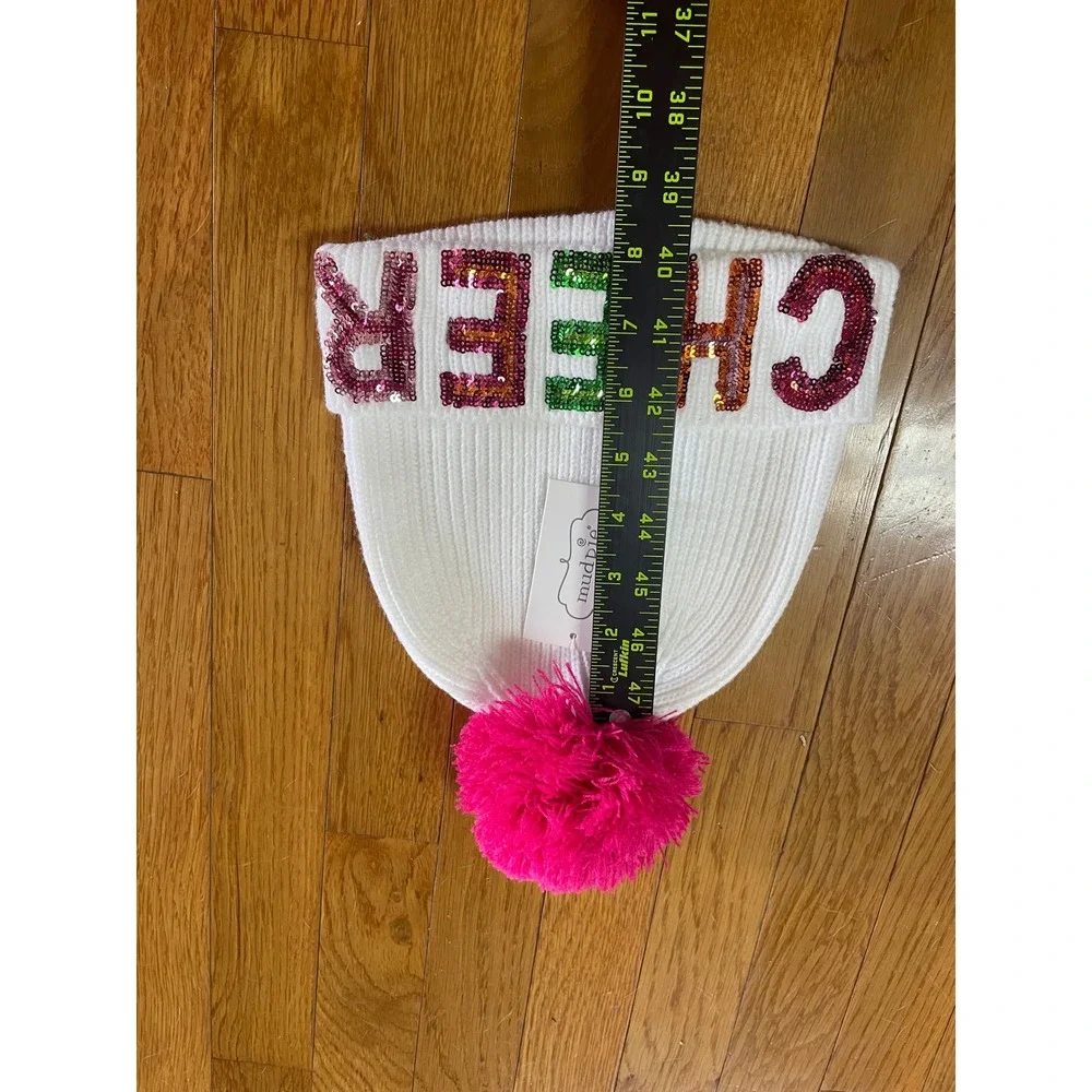 Mud Pie White Cheer Sequin Beanie Pink Pom Pom Ribbed Knit‎ Winter Hat NWT